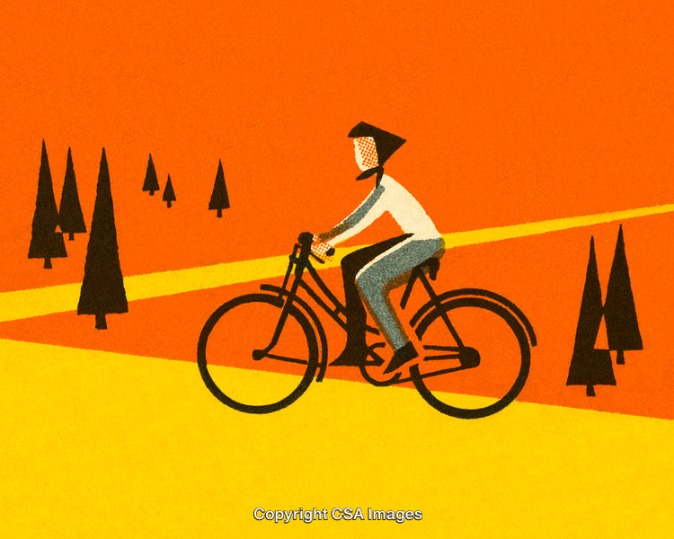 Illustration of Cyclist Riding Through Pine Forest on Bright Orange Background