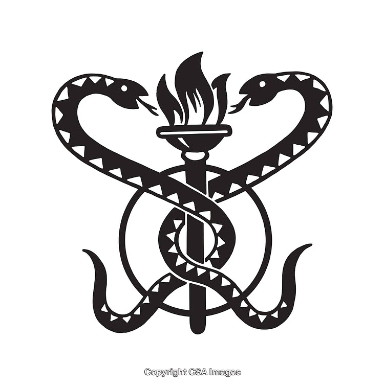 Black and White Line Art of Symbol with Torch and Serpents Encircling