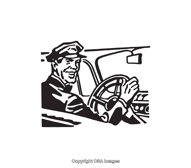 Vintage Black And White Illustration of A Smiling Driver at Car Wheel