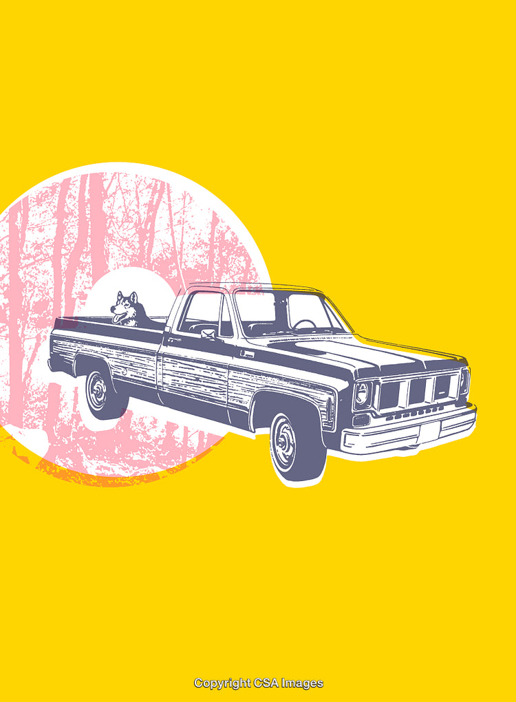 Retro Pickup Truck Illustration with Dog and Abstract Background Design