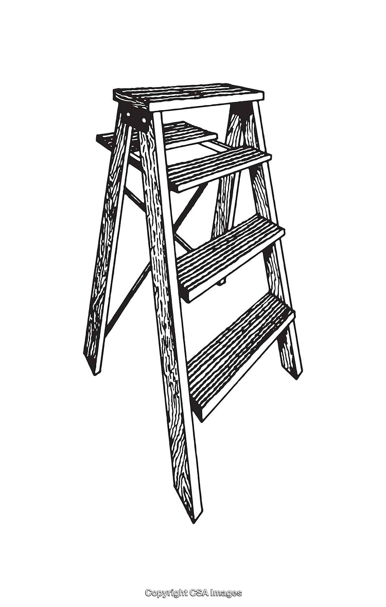 Black and White Line Art Illustration of a Wooden Step Ladder