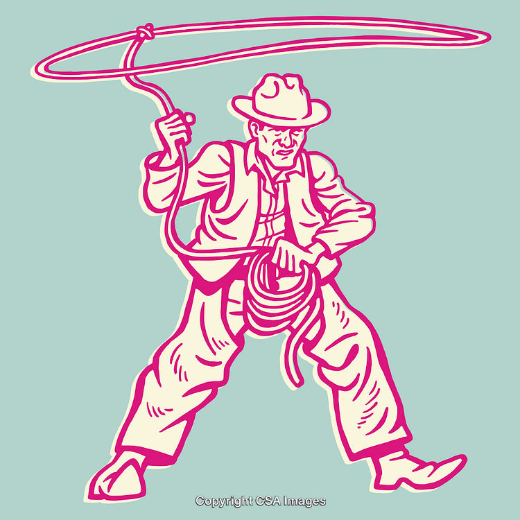 Retro Style Cowboy With Lasso Drawing on Turquoise Background