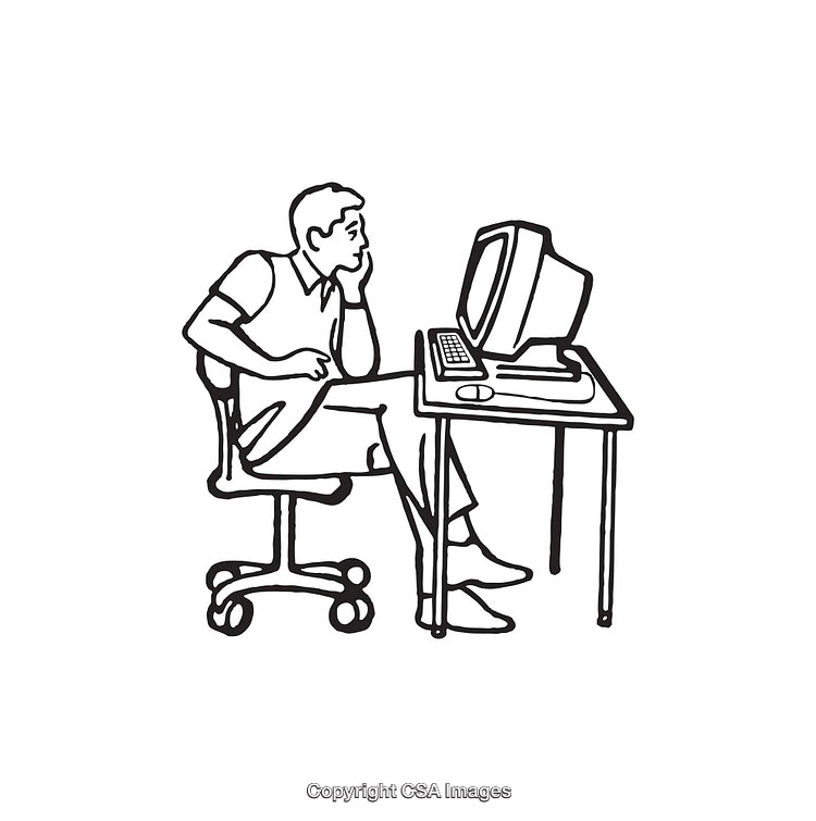 Black and White Line Art of a Man at a Computer Desk