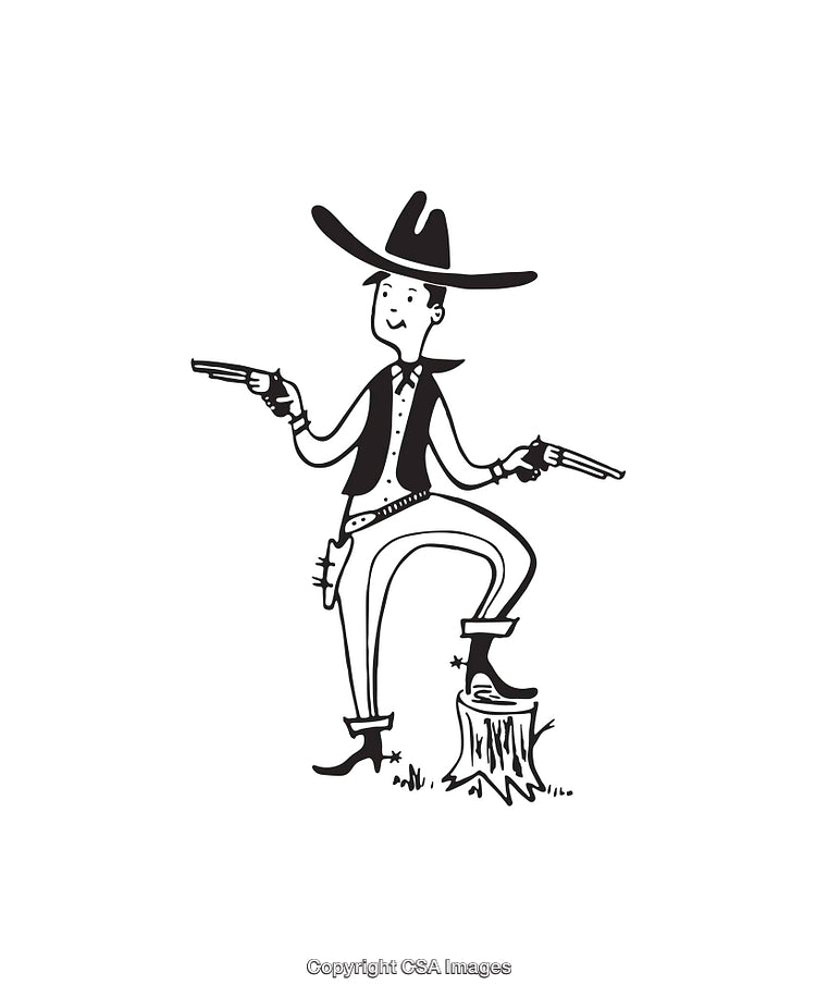 Black and White Cowboy Illustration with Guns and Hat in Line Art Style