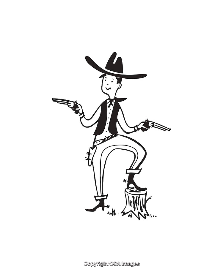 Black and White Cowboy Illustration with Guns and Hat in Line Art Style