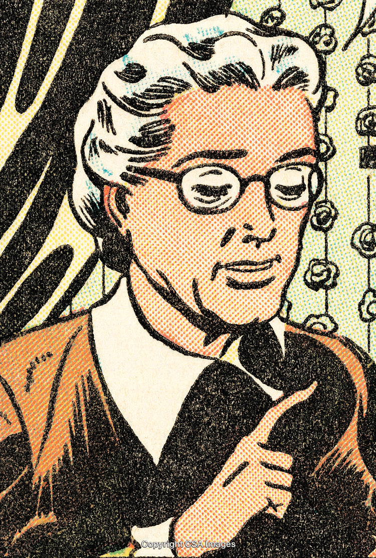 Elderly Woman in Comic Book Style with Thoughtful Gesture