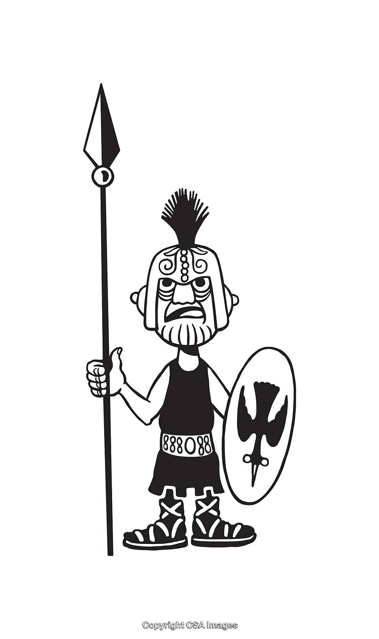 Black And White Line Art of a Cartoon Warrior with Spear and Shield