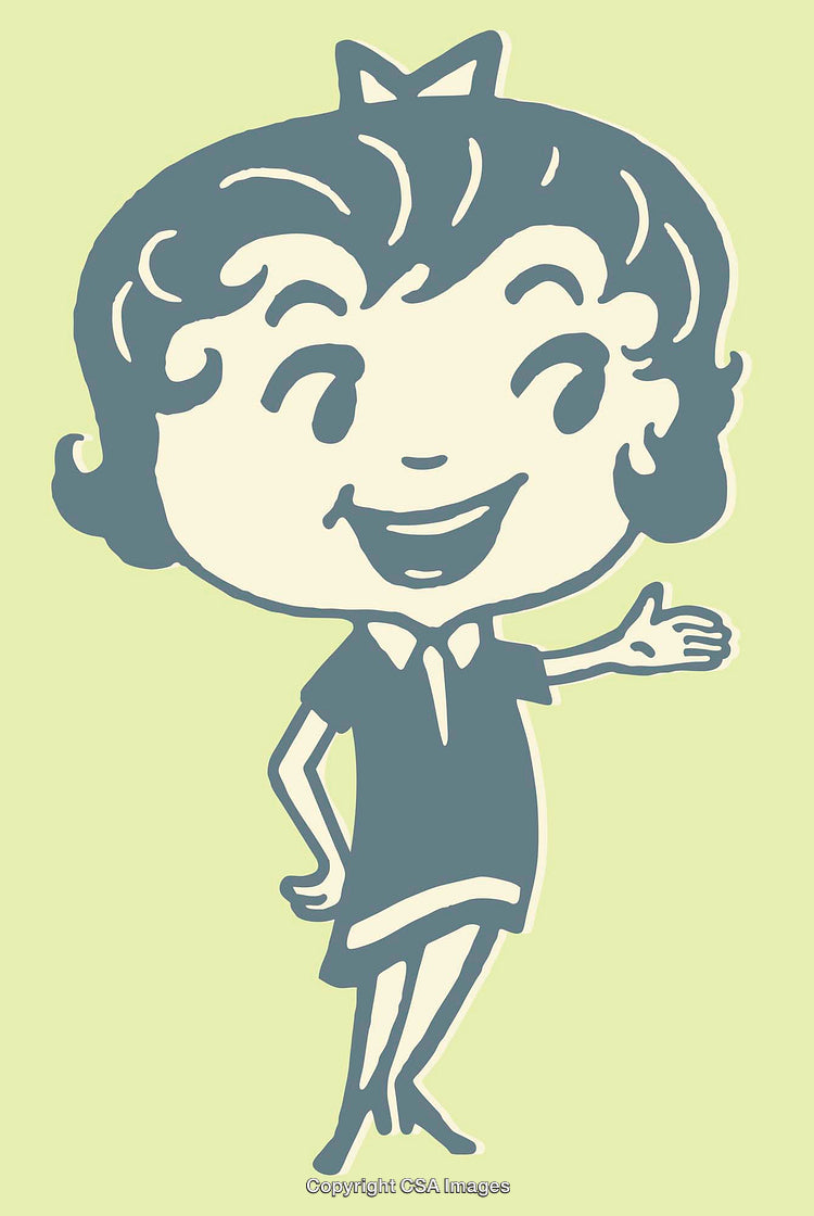 Retro Line Art Illustration of a Smiling Girl on Yellow Background