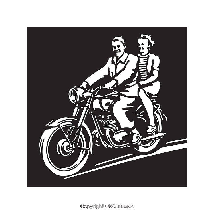 Black And White Vintage Line Art of Couple Riding a Motorcycle
