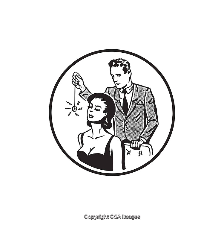 Retro Illustration of Hypnotist Performance in Black and White Line Art Style