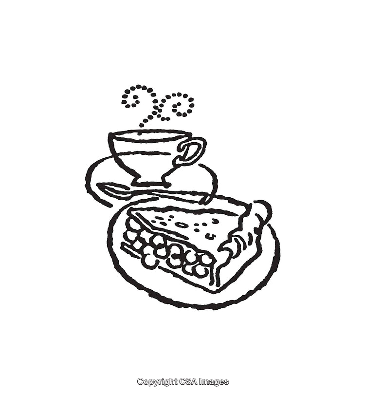 Black and White Line Art of Coffee with Dessert Slice