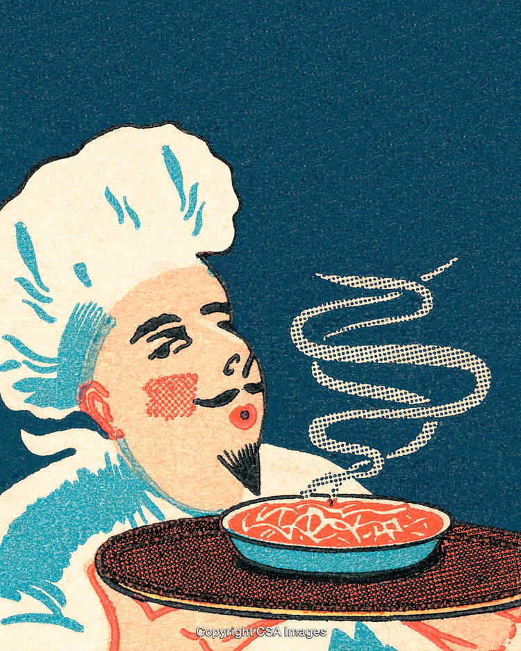 Vintage Chef Offering Hot Pasta Dish with Steam in Stylized Artwork