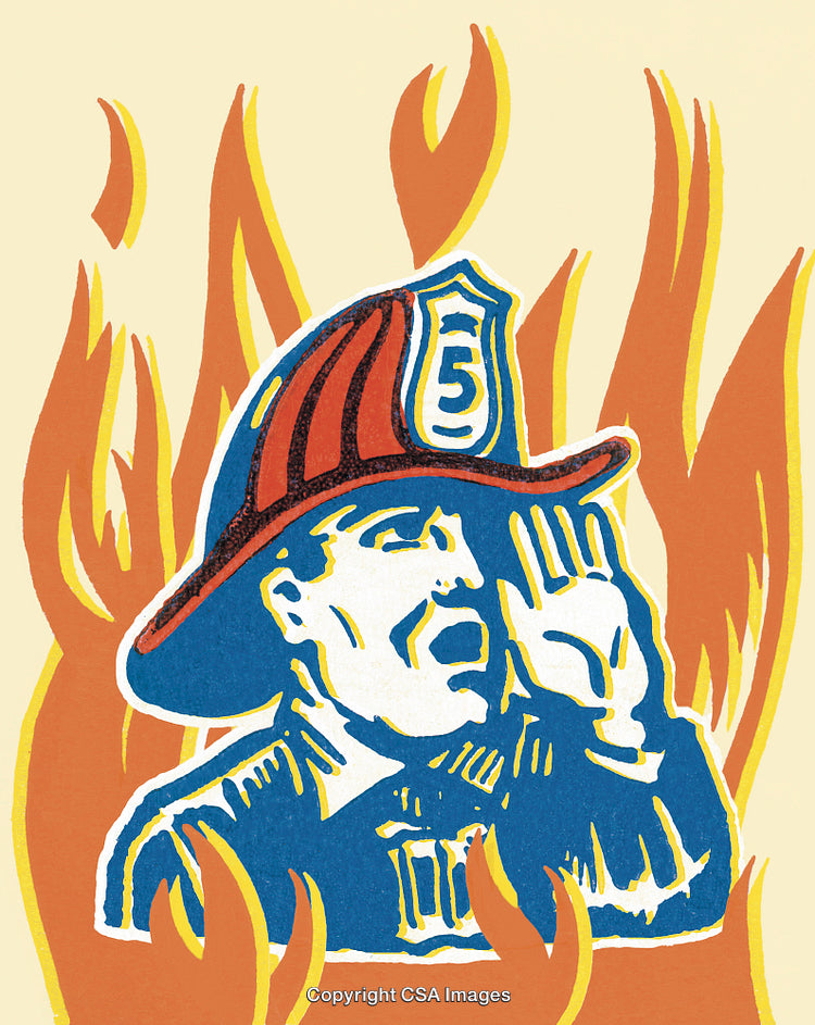 Illustrated Firefighter Amid Flames Representing Courage and Emergency Aid