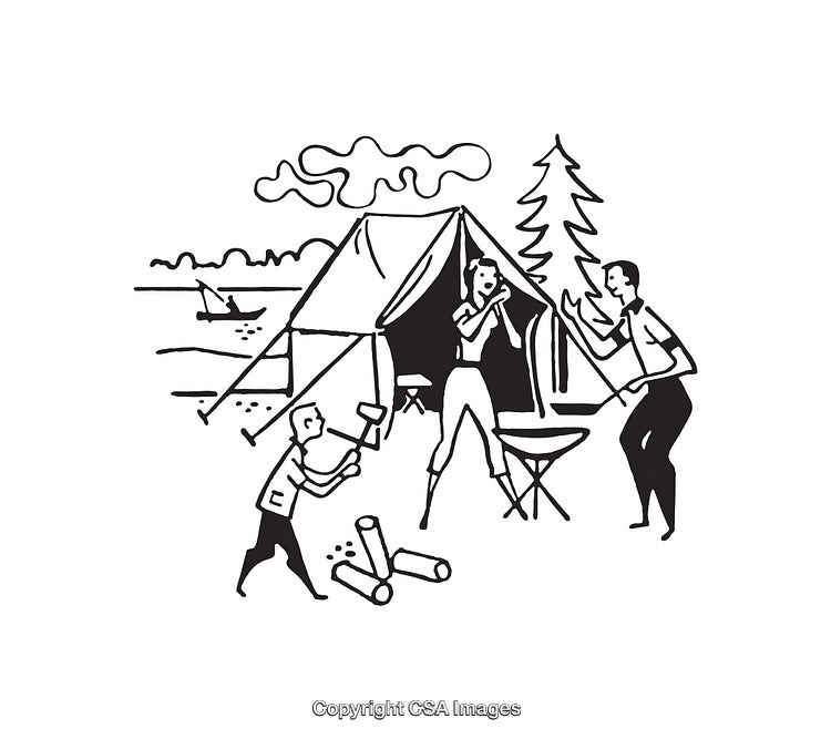 Family Camping Scene Illustrated With Tent and Outdoor Activities in Black and White