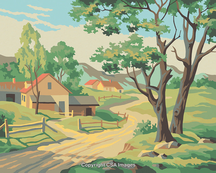Charming Rural Landscape with Path, Trees, and Idyllic Farm Buildings