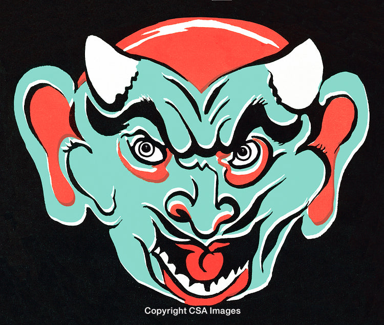 Bold Graphic Illustration of a Devil Face With Bright Colors and Intense Details