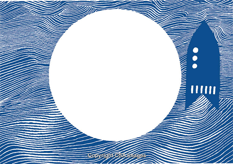Blue Rocket Illustration with Circular Frame and Abstract Wave Patterns