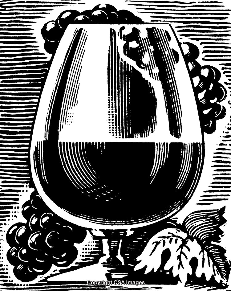 Intricate Illustration of Wine Glass With Grapes in Engraved Black and White Style