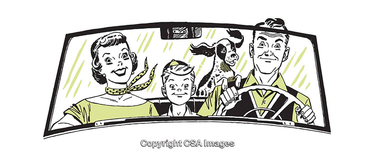 Retro Illustration of a Traveling Family Together in a Car With a Dog