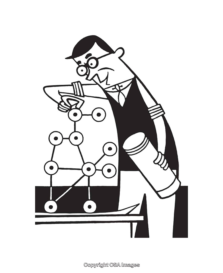 Vintage Scientist Sketch Examining Molecular Model Line Art Illustration