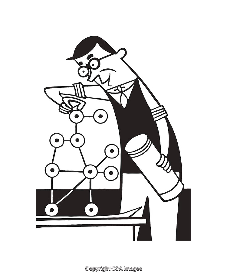 Vintage Scientist Sketch Examining Molecular Model Line Art Illustration