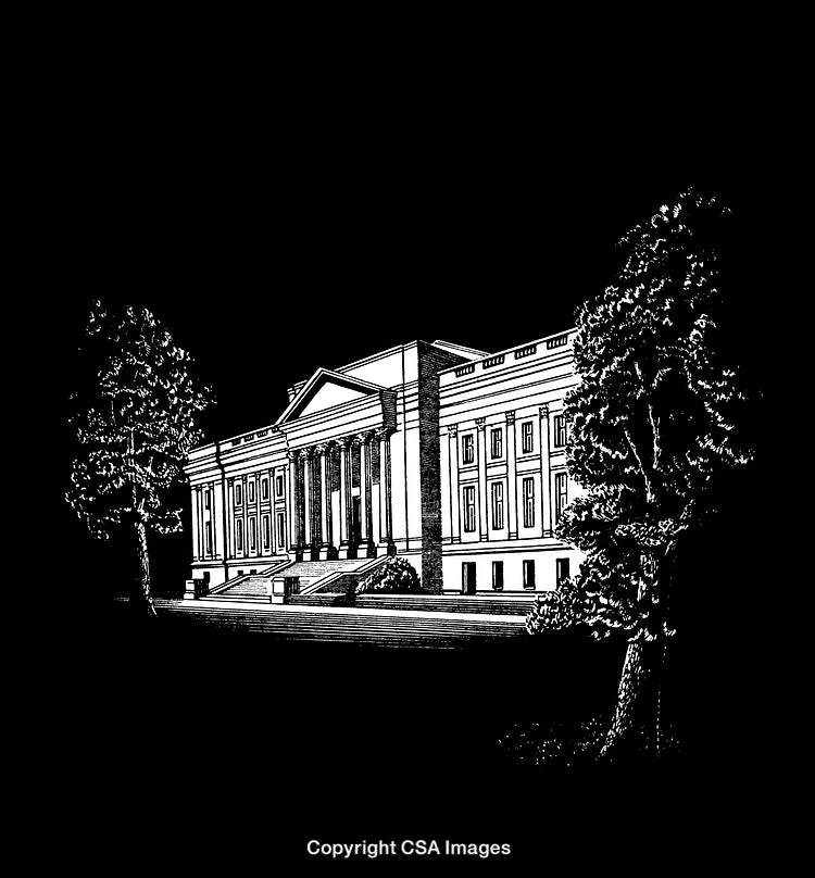 Black And White Engraving of a Classical Building With Trees