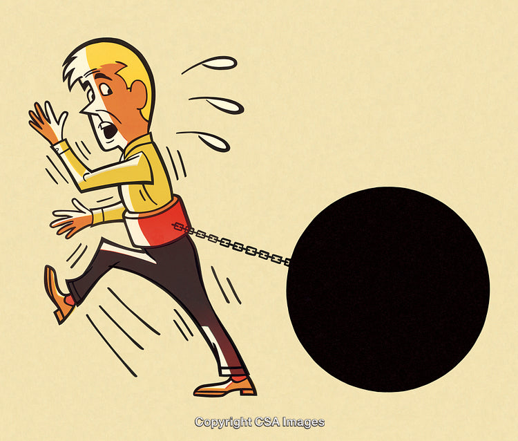 Cartoon Man Pulling Heavy Chain and Ball Burden