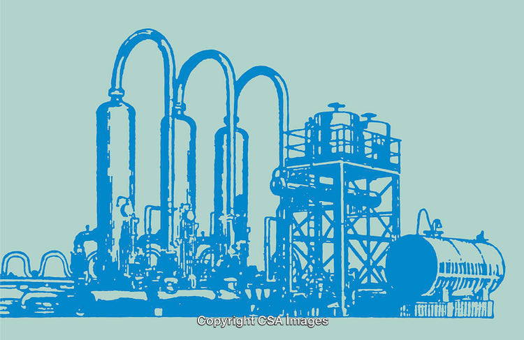 Industrial Line Art Illustration of Factory Equipment in Blue on a Teal Background