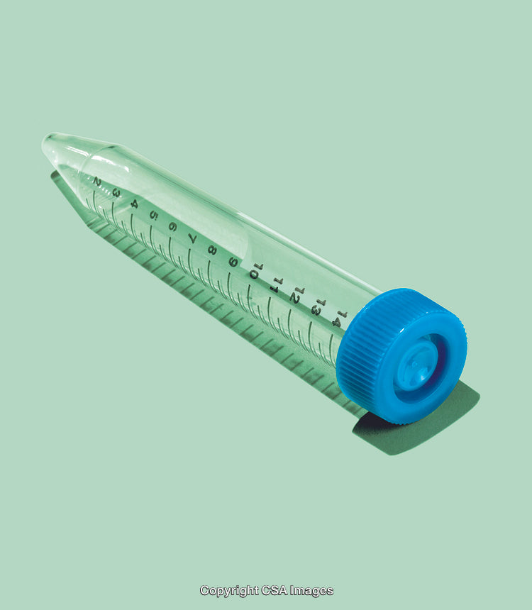 Plastic Laboratory Tube with Blue Cap on Minimalist Green Background