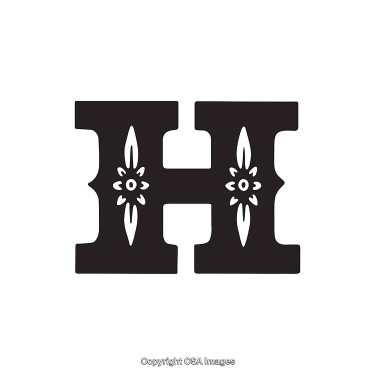 Decorative Letter H with Floral Designs in Black and White Style