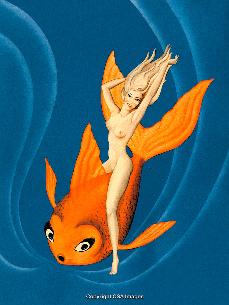 Stylized Artwork of Woman Riding a Goldfish in a Vibrant Blue Background
