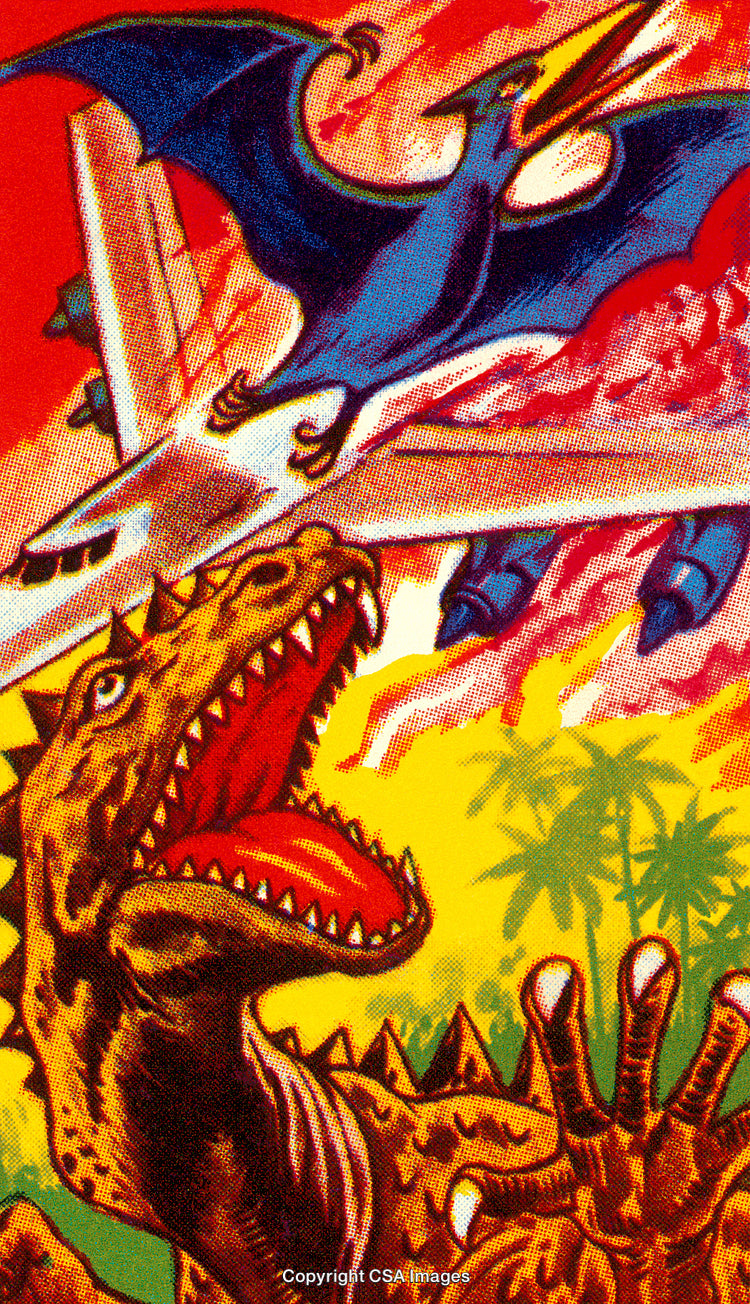 Dramatic Prehistoric Battle Featuring Dinosaurs and a Flying Reptile Mid-Attack