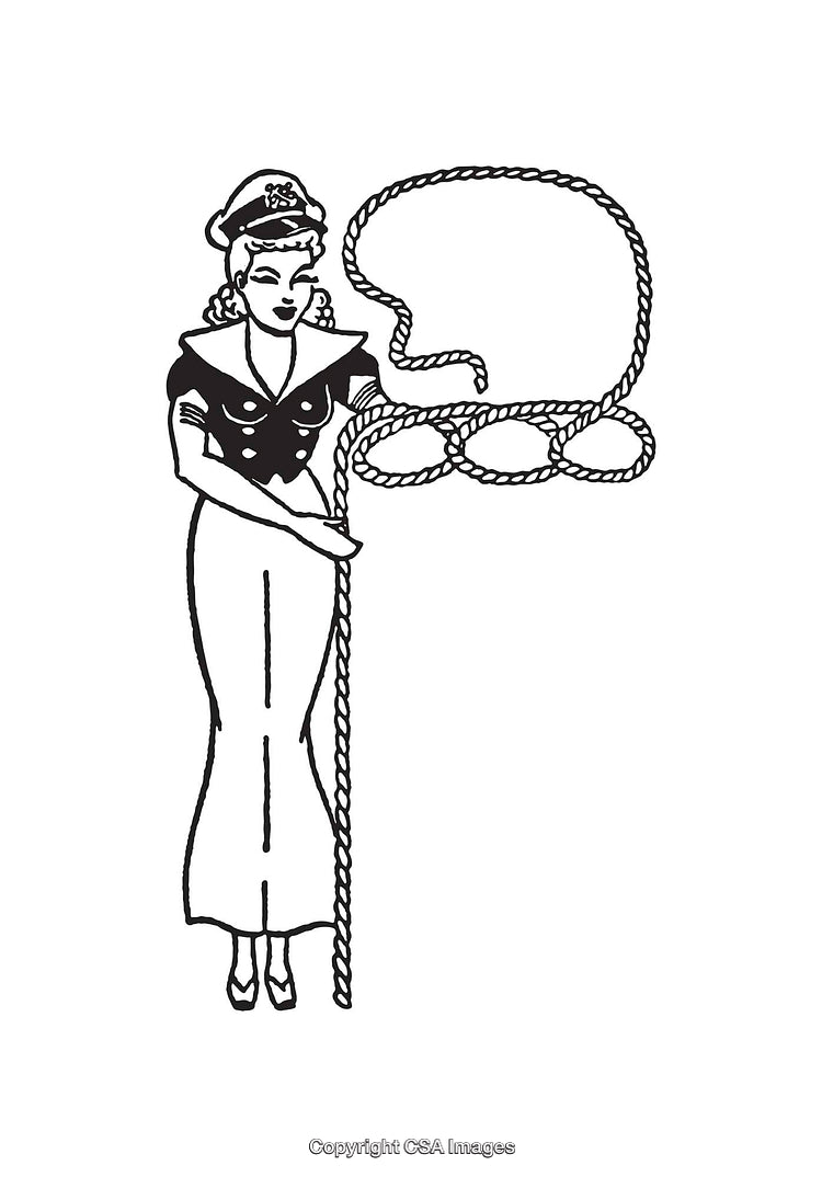 Vintage Nautical-Themed Lady Holding Rope in Retro Line Art Style