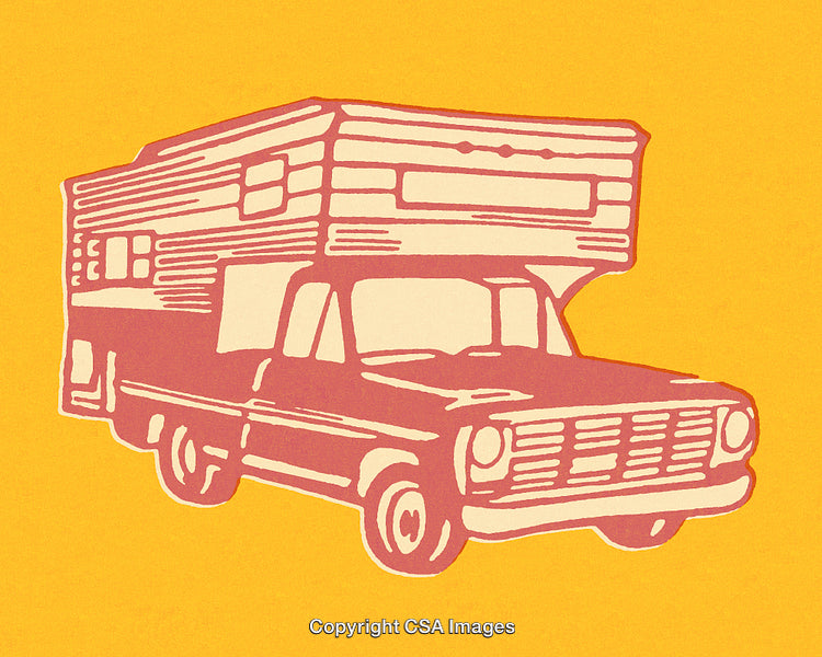 Retro Styled Camper Van Illustration with Yellow Background