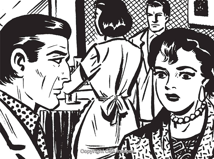 Retro Comic-Style Illustration Depicting Tension Among Characters in a Café Setting