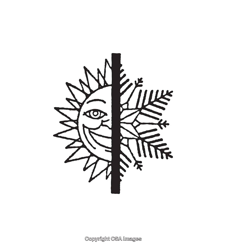 Intricate Black And White Line Art Illustration Featuring Sun And Snowflake