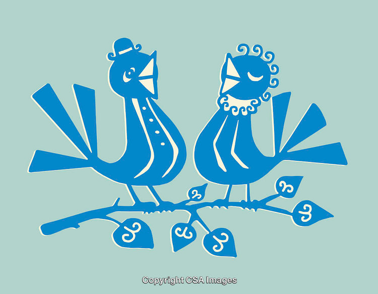 Charming Illustration of Two Birds Perched on a Decorative Branch
