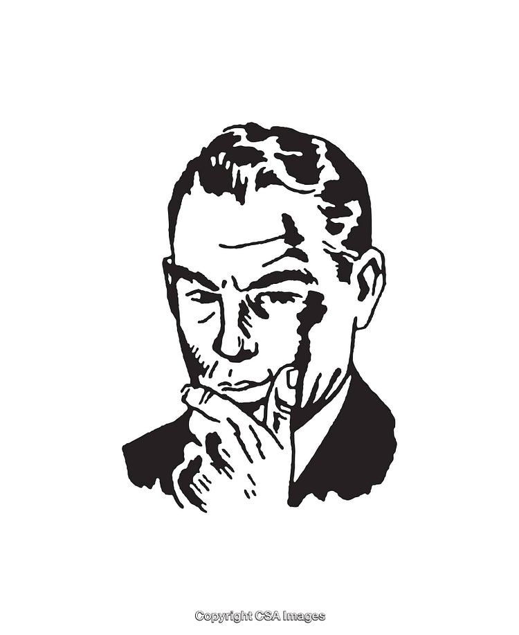 Black And White Illustration of a Man in Thoughtful Expression