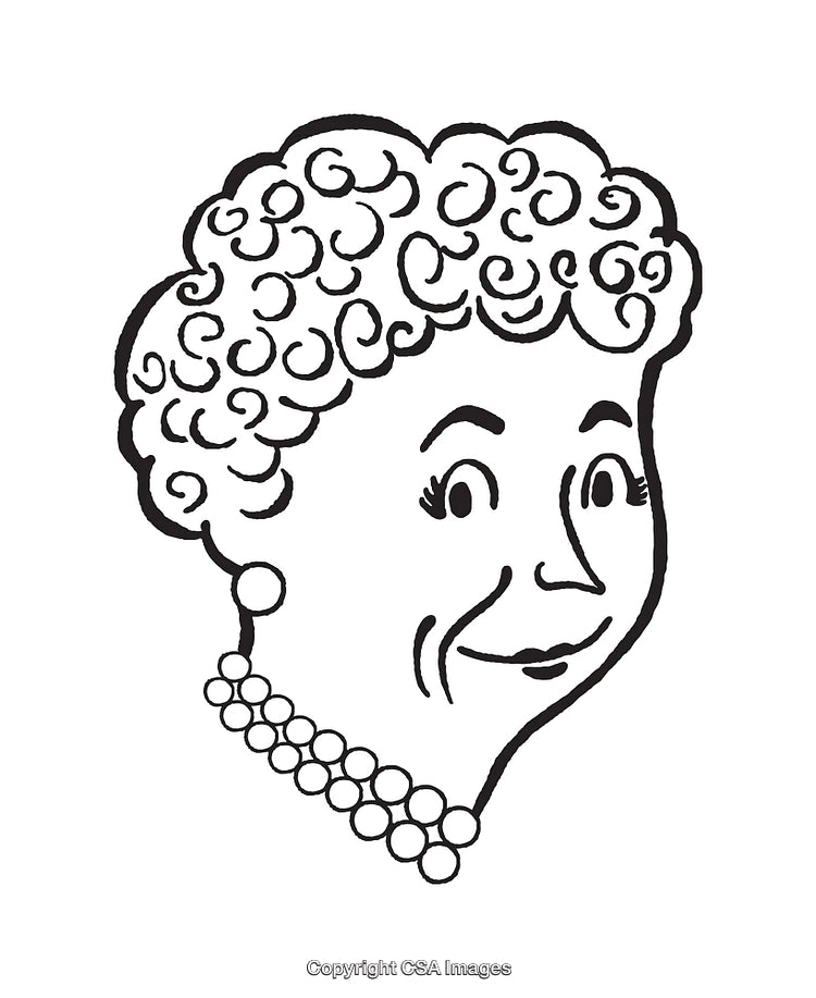Black and White Line Drawing of Smiling Woman with Curly Hair and Pearl Necklace