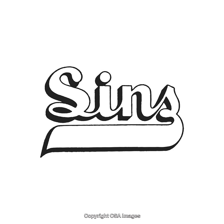 Vintage Script Typography Word "Sins" in Artistic Black and White Design