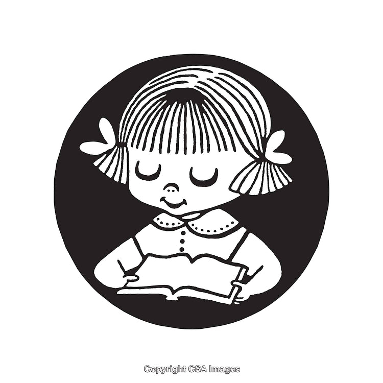 Adorable Black and White Drawing of a Girl Reading a Book
