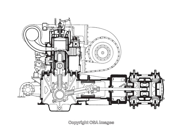 Detailed Diagram of a Mechanical Engine System in Black and White