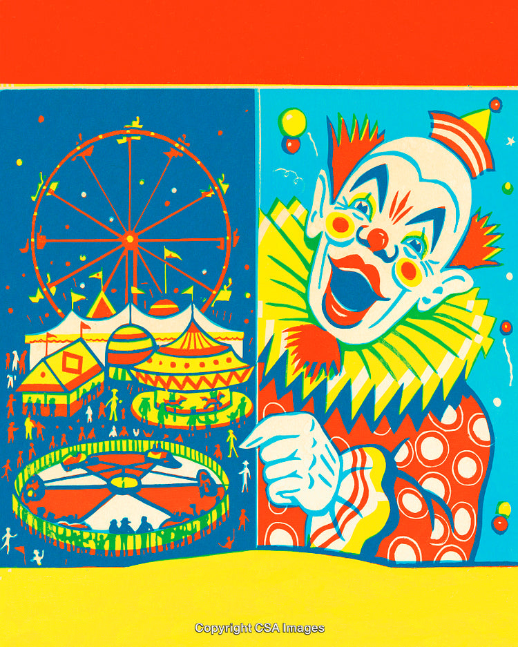 Colorful Carnival Scene Featuring a Vibrant Clown and Amusement Park Rides