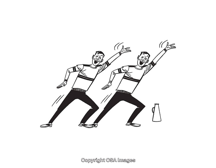 Black and White Illustration of Two Cheerful People in Action Poses