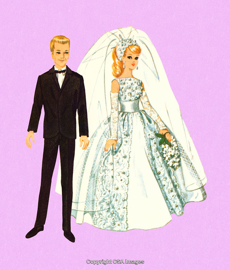 Elegant Bride and Groom Illustration in Formal Wedding Attire