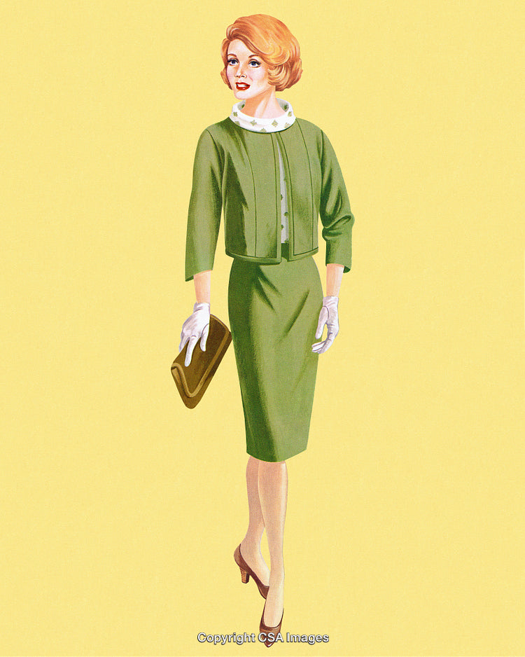 Elegant Retro Woman in Stylish Green Outfit on Pastel Background
