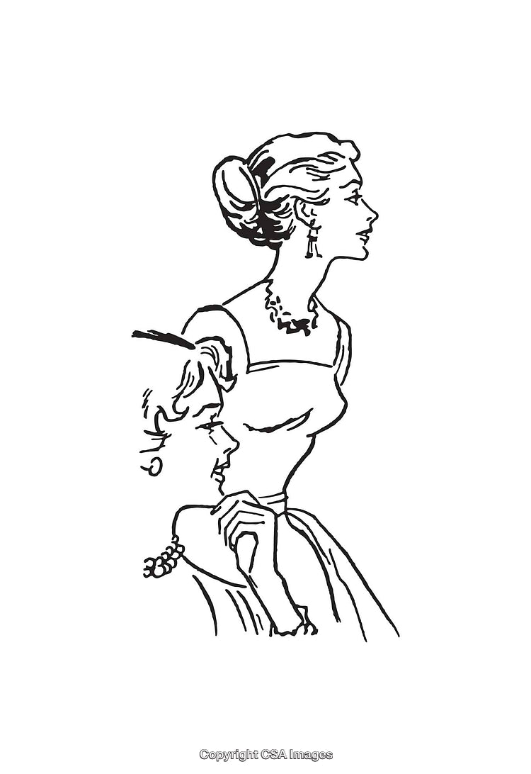 Elegant Line Art Illustration Depicting Two Women in Formal Attire