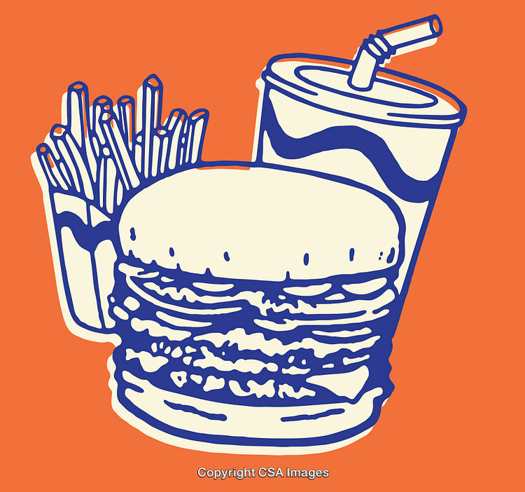 Cartoon Styled Depiction of Fast Food Meal with Orange Background