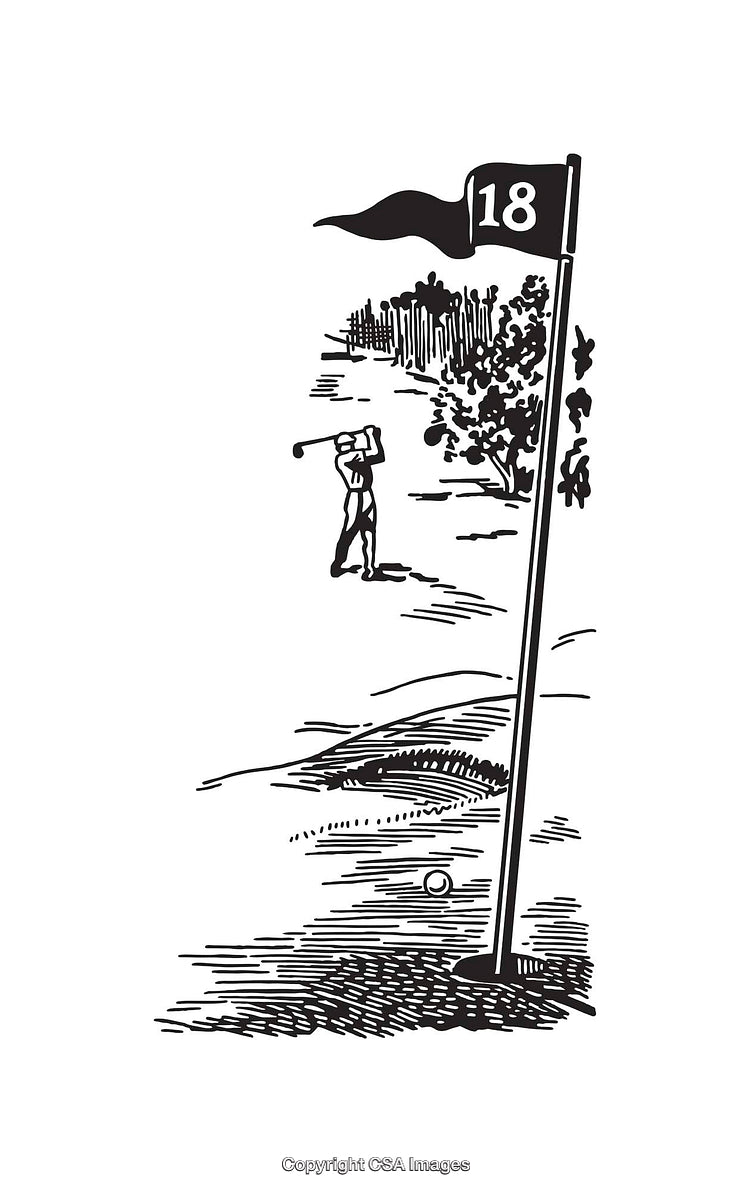Black and White Line Art of a Golfer at the 18th Hole