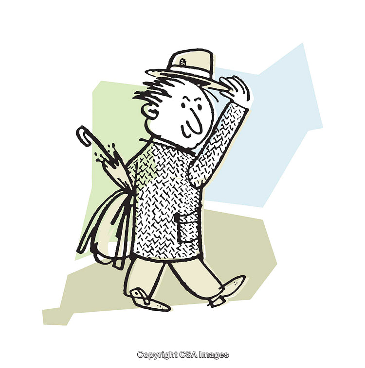 Illustrated Man Walking with Umbrella and Hat on a Colorful Background
